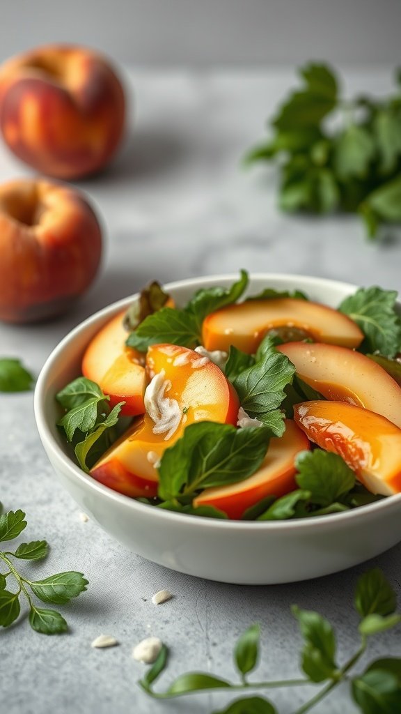 A fresh salad with peaches, avocado, and greens