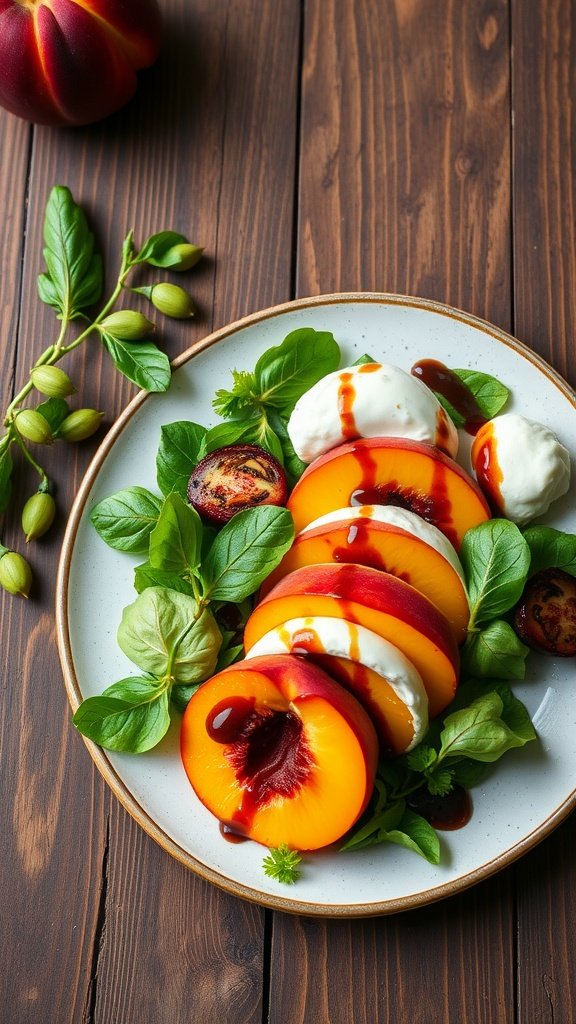 A plate of Peach and Burrata Salad with fresh basil and balsamic glaze