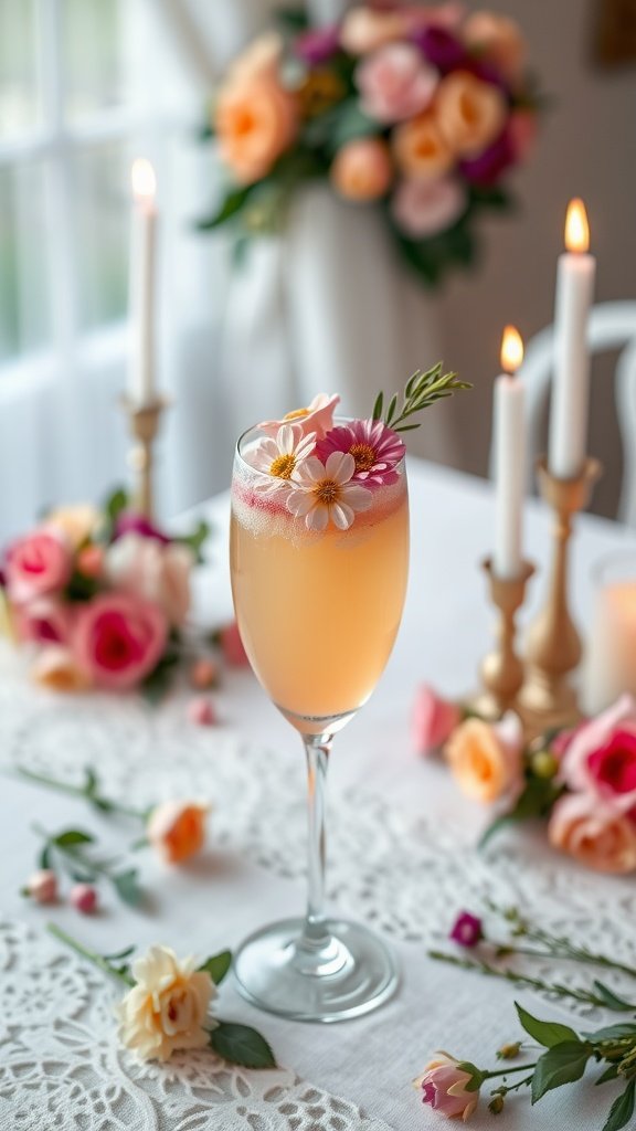 A refreshing Peach Bellini cocktail garnished with edible flowers, served in a glass.