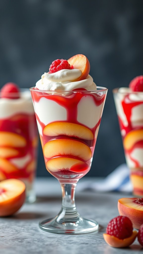 A delicious Peach Melba Parfait with layers of peaches, whipped cream, and raspberry sauce