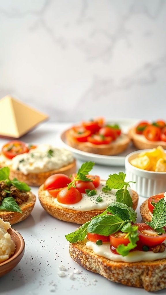 A variety of bruschetta with toppings including tomatoes and herbs, arranged for a food station.
