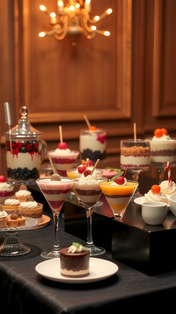 A beautifully arranged display of dessert shooters and cakes, showcasing a variety of flavors and toppings.