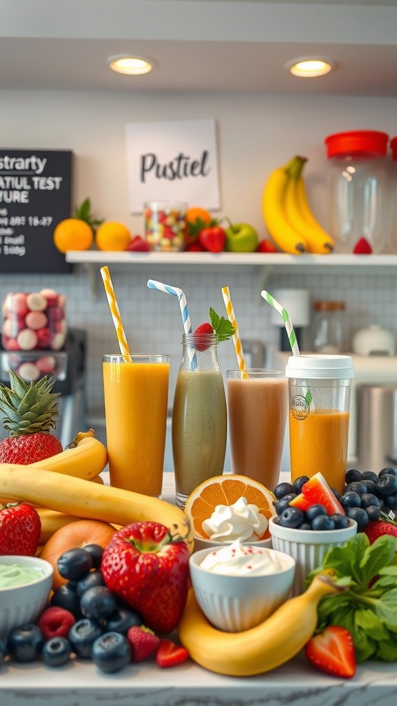 A colorful smoothie station with fresh fruits and prepared smoothies.