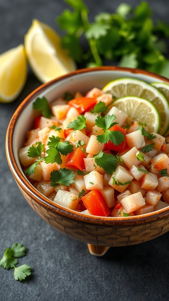 A bowl of fresh Peruvian ceviche with fish, tomatoes, onions, and cilantro, garnished with lime slices.