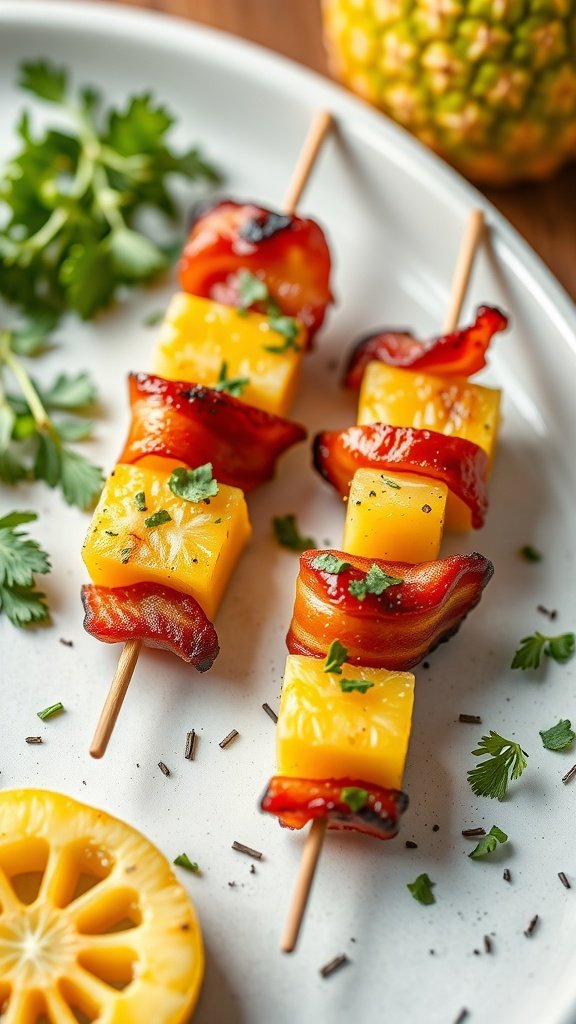 Pineapple and bacon bites skewered on sticks, garnished with cilantro on a white plate.