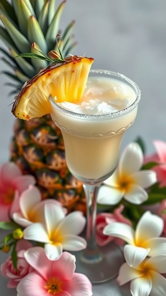 A refreshing Pineapple Coconut Daiquiri served in a glass with a pineapple garnish