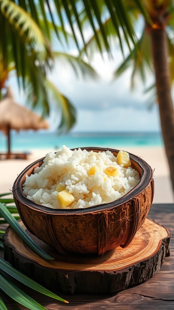 A bowl of pineapple coconut rice garnished with fresh cilantro.