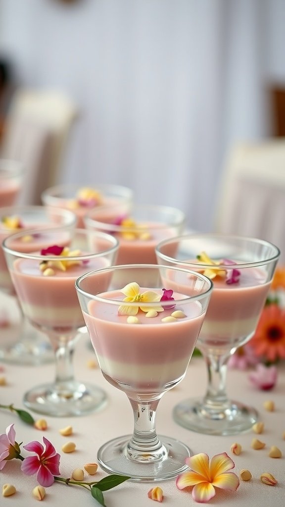 Pistachio and rose water pudding served in elegant cups with edible flowers on top