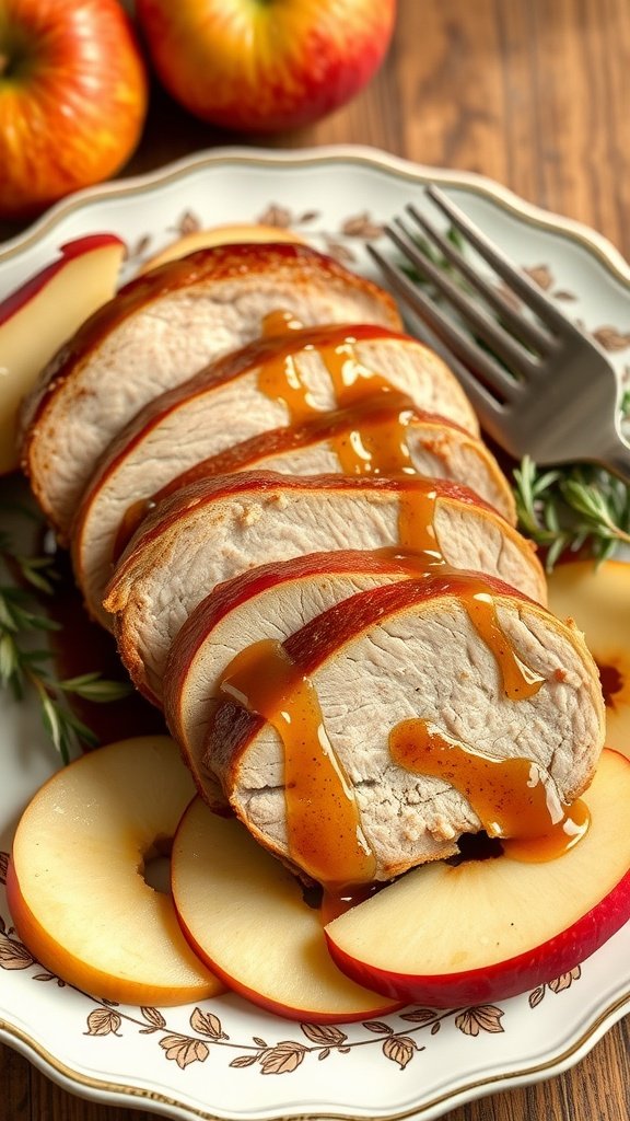 Sliced pork tenderloin with apple cider glaze served with apple slices.