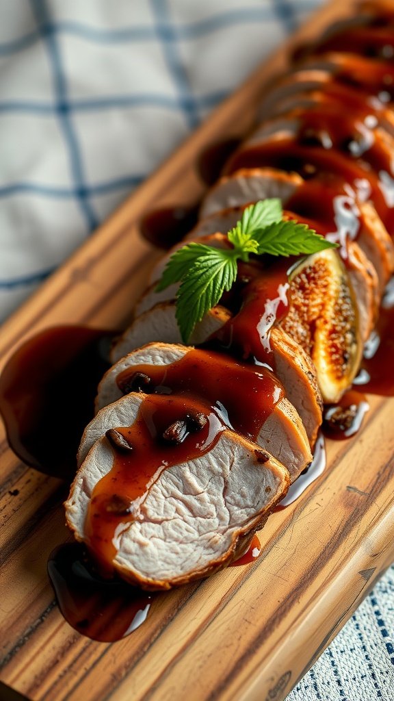 Sliced pork tenderloin with fig sauce on a wooden platter.