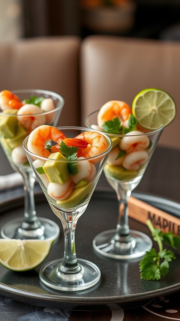 Three elegant cups of prawn and avocado served with lime and cilantro on a tray.