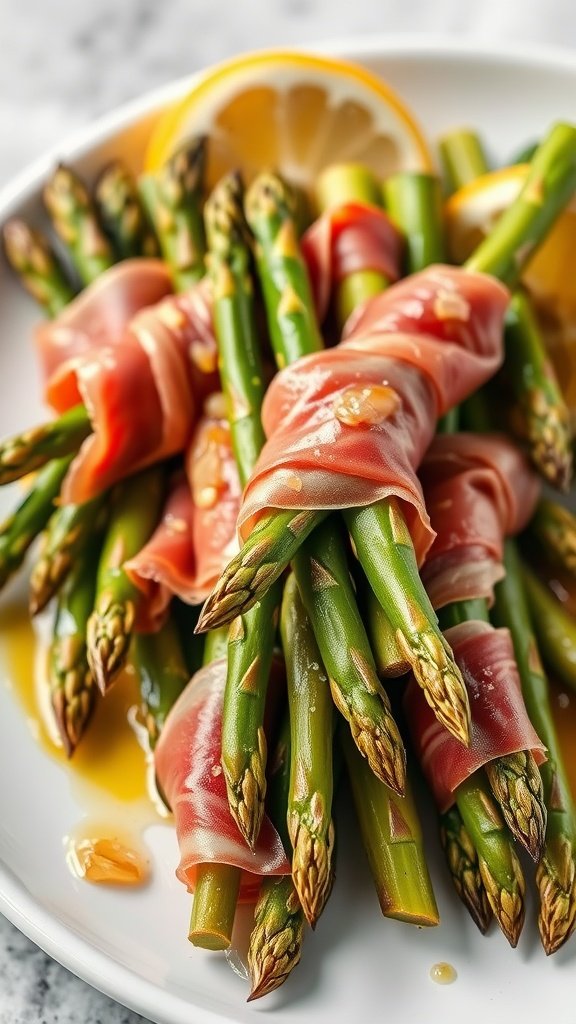 A plate of prosciutto-wrapped asparagus with lemon wedges.