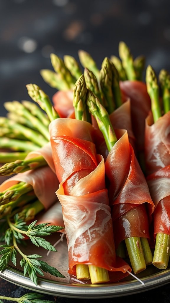 A platter of prosciutto-wrapped asparagus bundles arranged elegantly, showcasing fresh asparagus spears wrapped in thin slices of prosciutto.