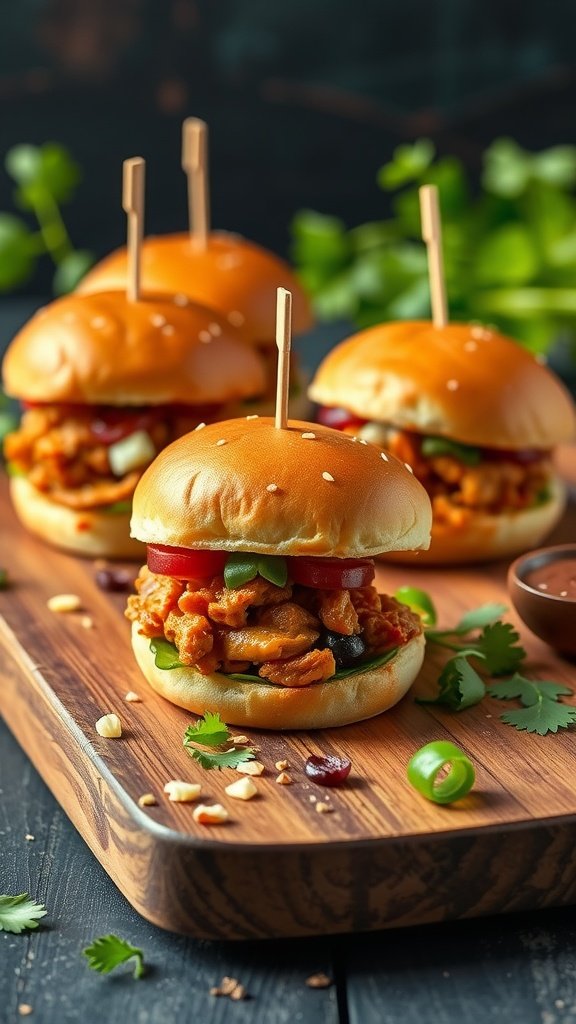 Pulled jackfruit sliders served on a wooden platter with fresh toppings