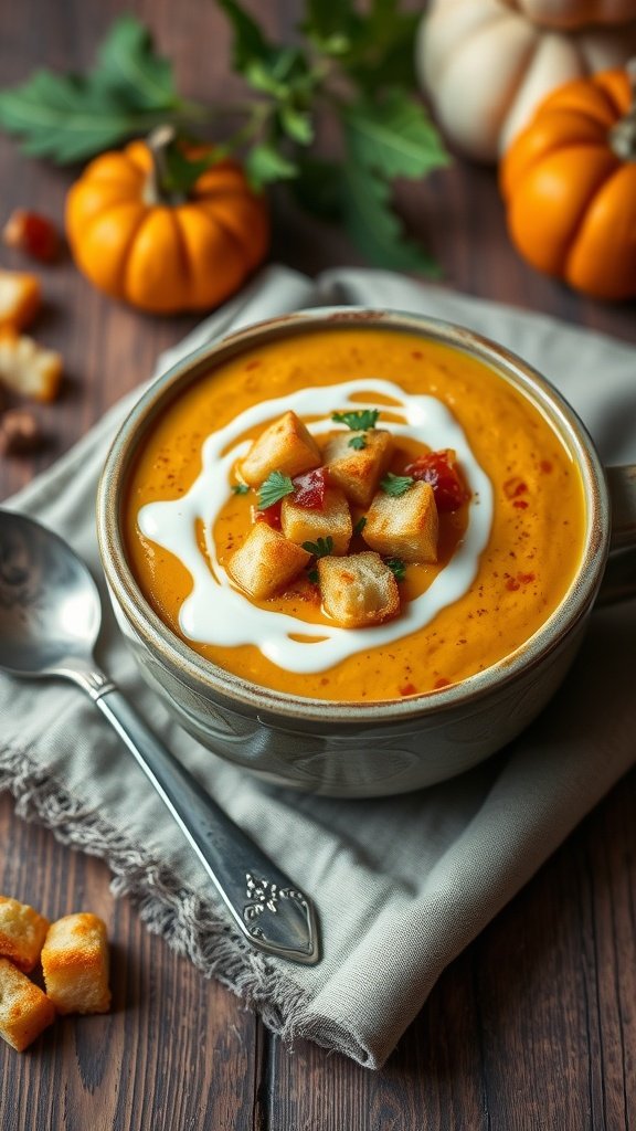A bowl of creamy pumpkin soup topped with croutons and herbs, surrounded by small pumpkins and a spoon.