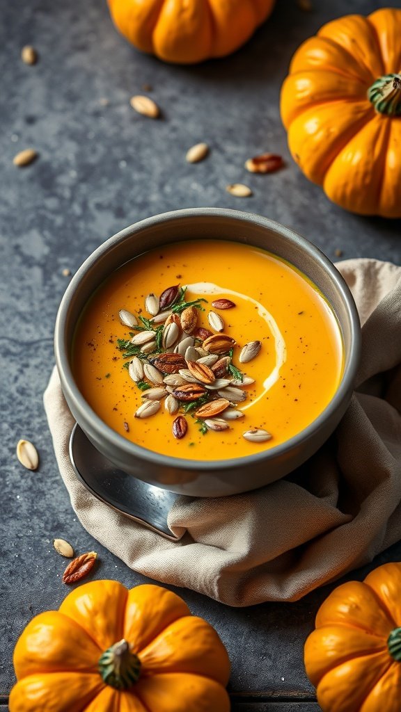 A bowl of creamy pumpkin soup garnished with toasted seeds, surrounded by pumpkins.