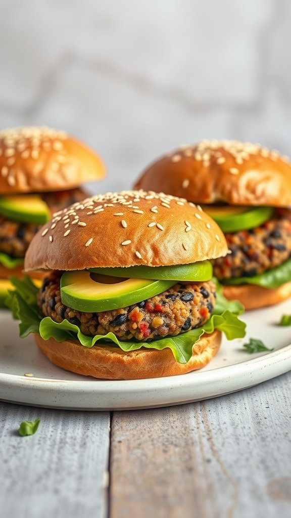 A plate of quinoa and black bean burgers with fresh toppings.