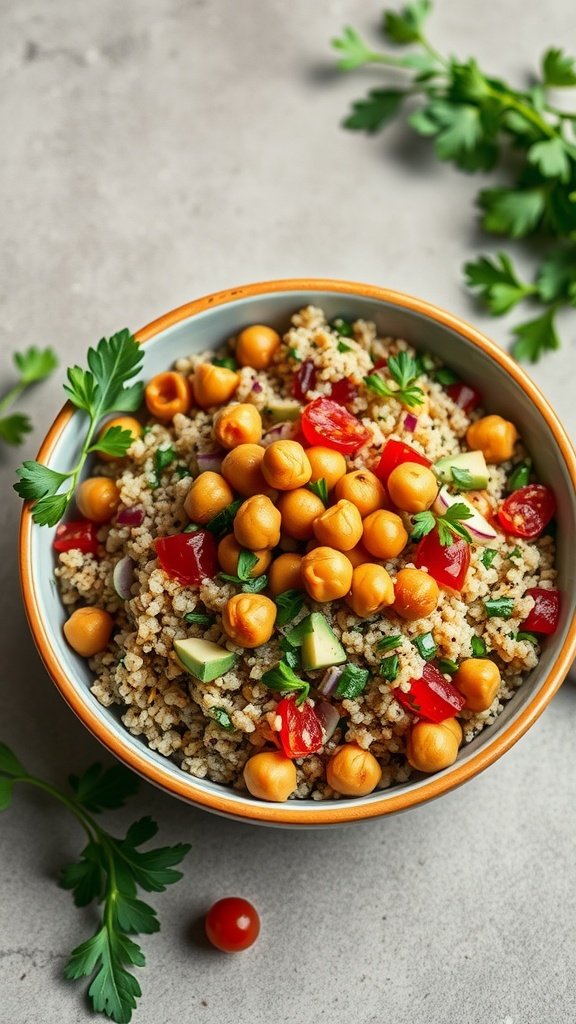 A bowl of quinoa salad with roasted chickpeas, cherry tomatoes, cucumber, and parsley.