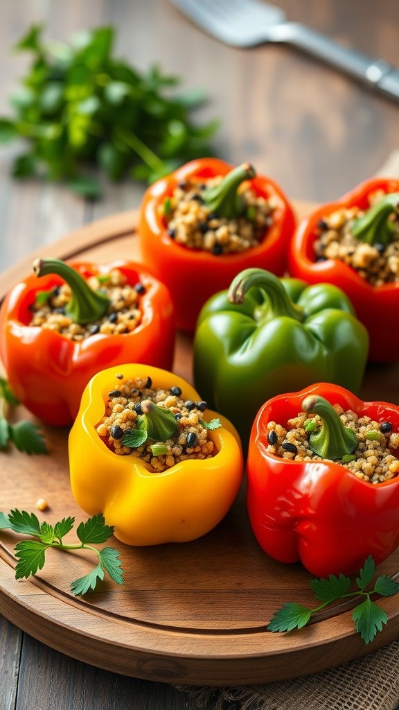 Colorful bell peppers stuffed with quinoa, black beans, and herbs on a wooden platter.