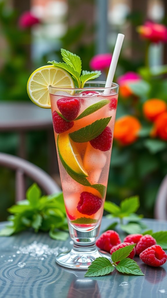 A refreshing Raspberry Mojito with Lime, featuring fresh raspberries, mint leaves, and lime slices.