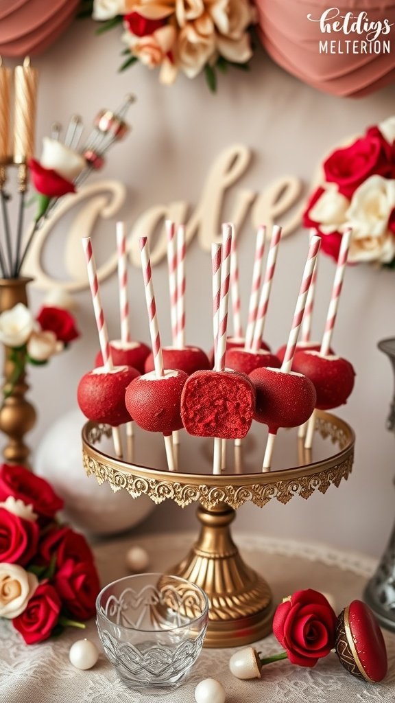 Red Velvet Cake Pops on a decorative stand, showcasing a festive dessert option for weddings.