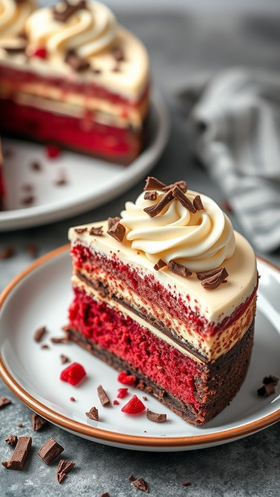 Slice of red velvet chocolate cheesecake on a plate, showcasing layers of red cake and cream cheese frosting