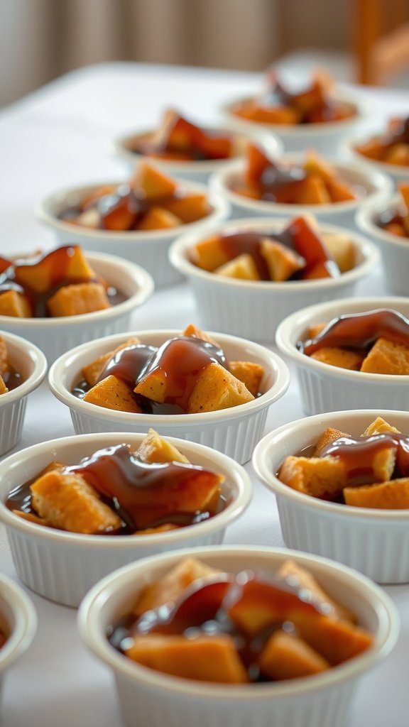 A serving of rich bread pudding with bourbon sauce