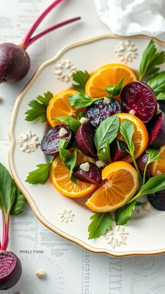 A vibrant roasted beet and citrus salad with beets, oranges, and fresh greens on a decorative plate.