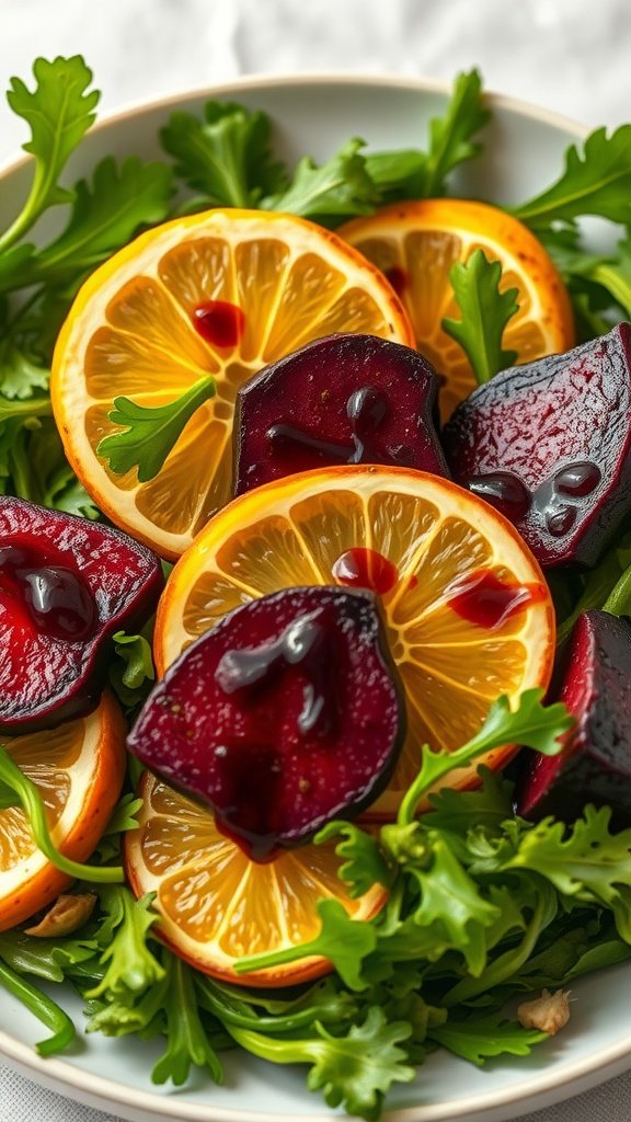 A colorful salad featuring roasted beets, citrus segments, and mixed greens.