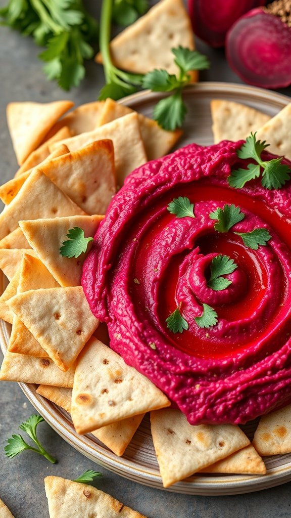 A vibrant plate of roasted beet hummus surrounded by crispy pita chips, garnished with fresh cilantro.