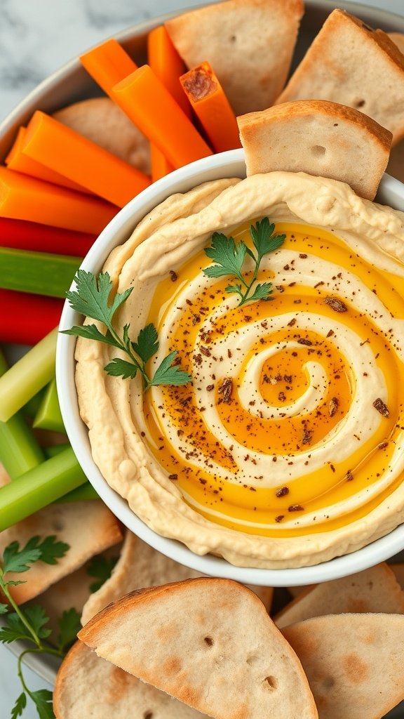 Delicious roasted garlic and herb hummus served with vegetables and pita chips.