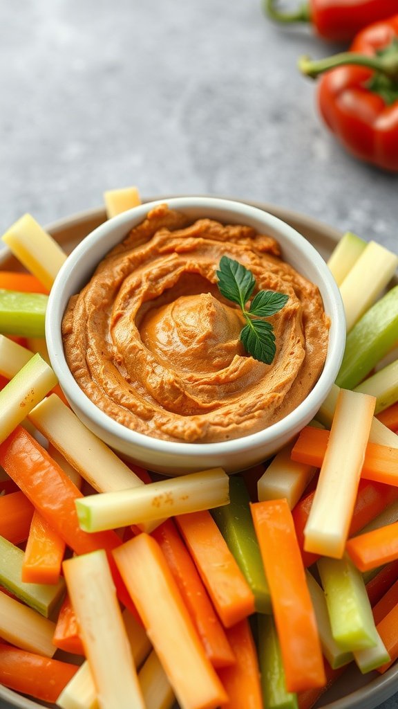 A bowl of roasted red pepper hummus surrounded by colorful vegetable sticks.