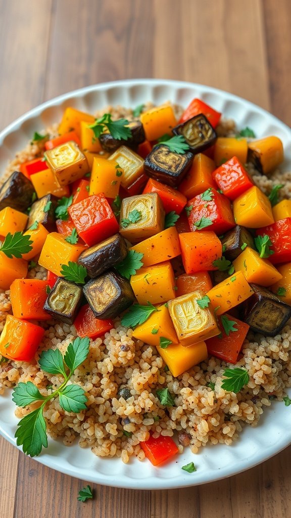 A colorful plate of roasted vegetables served on a bed of quinoa, garnished with parsley.