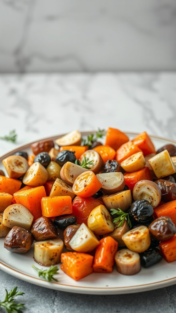 A colorful platter of roasted vegetables including bell peppers, zucchini, carrots, and red onions.