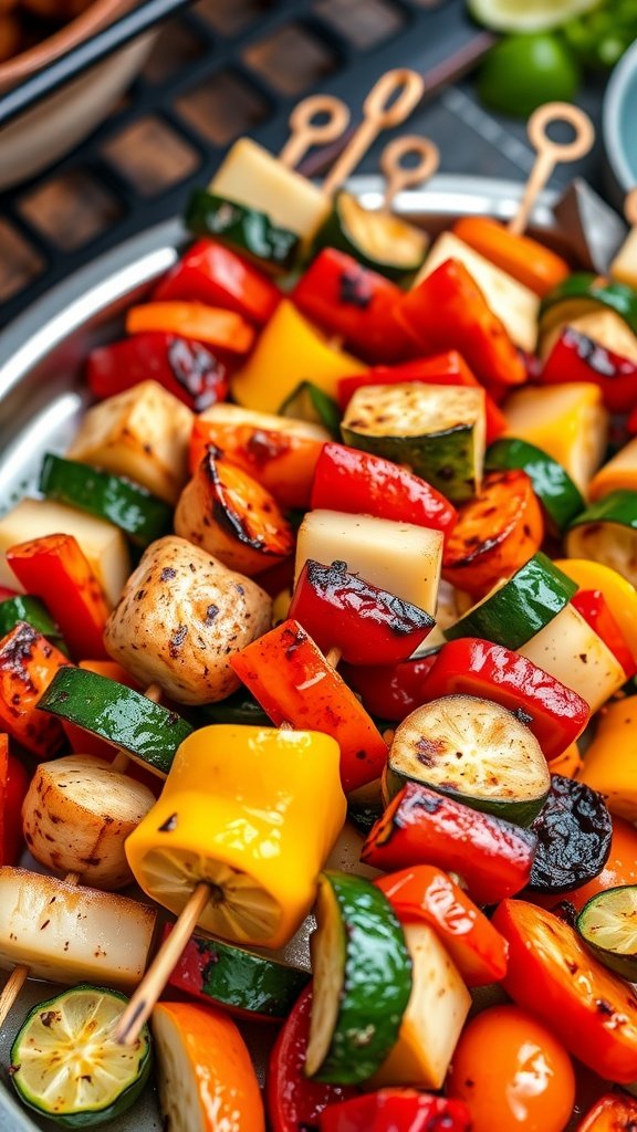 A colorful platter of roasted vegetable skewers featuring bell peppers, zucchini, and mushrooms.