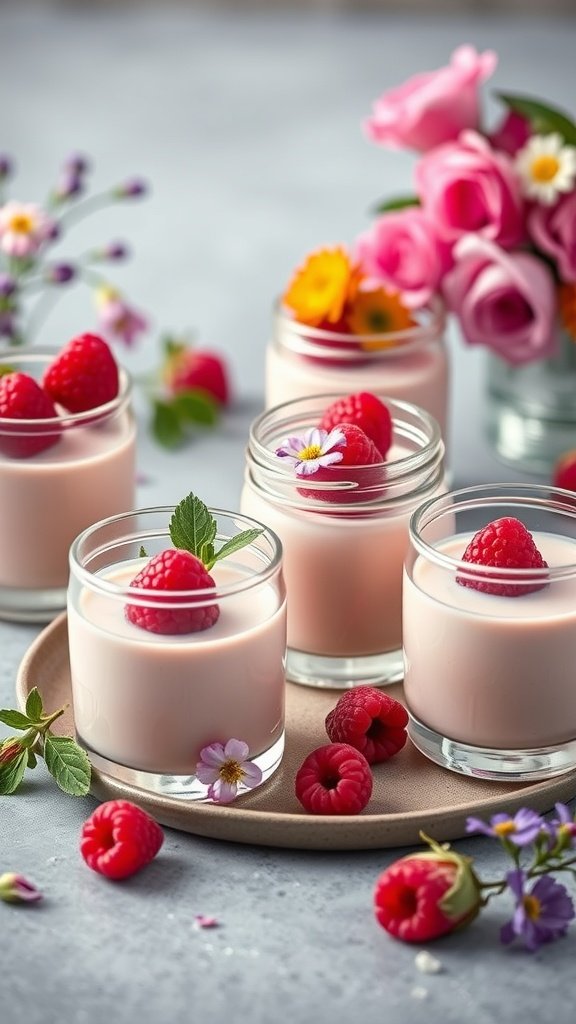 Delicate raspberry rose panna cotta served in small jars, topped with fresh raspberries and mint leaves, perfect for a wedding dessert.