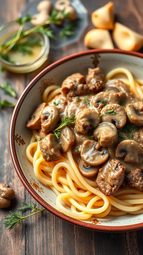 A bowl of Russian Beef Stroganoff with pasta, topped with mushrooms and herbs.