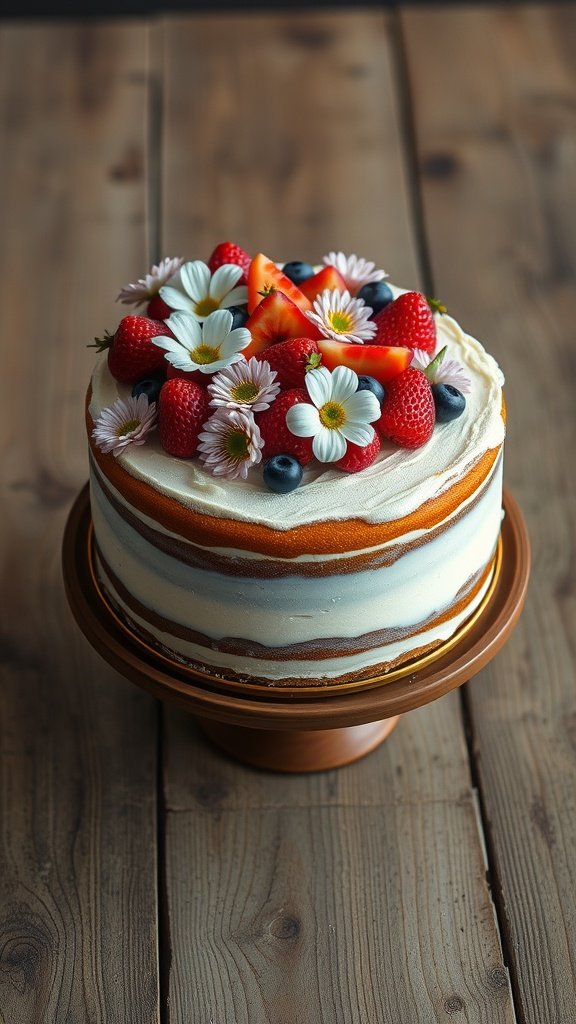 A rustic naked cake topped with fresh strawberries, blueberries, and daisies on a wooden table.