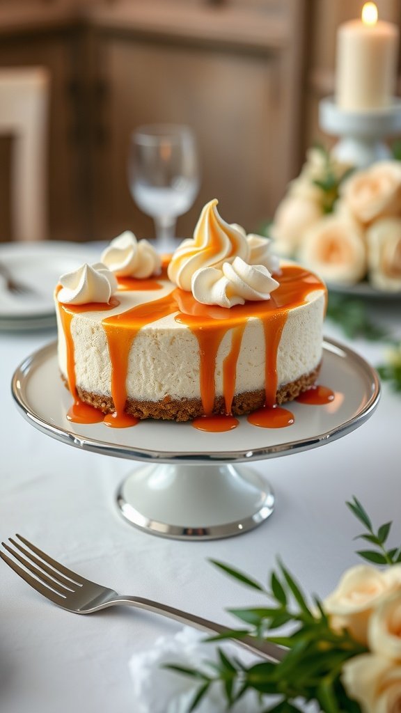 Salted Caramel Cheesecake with Whipped Cream on a cake stand