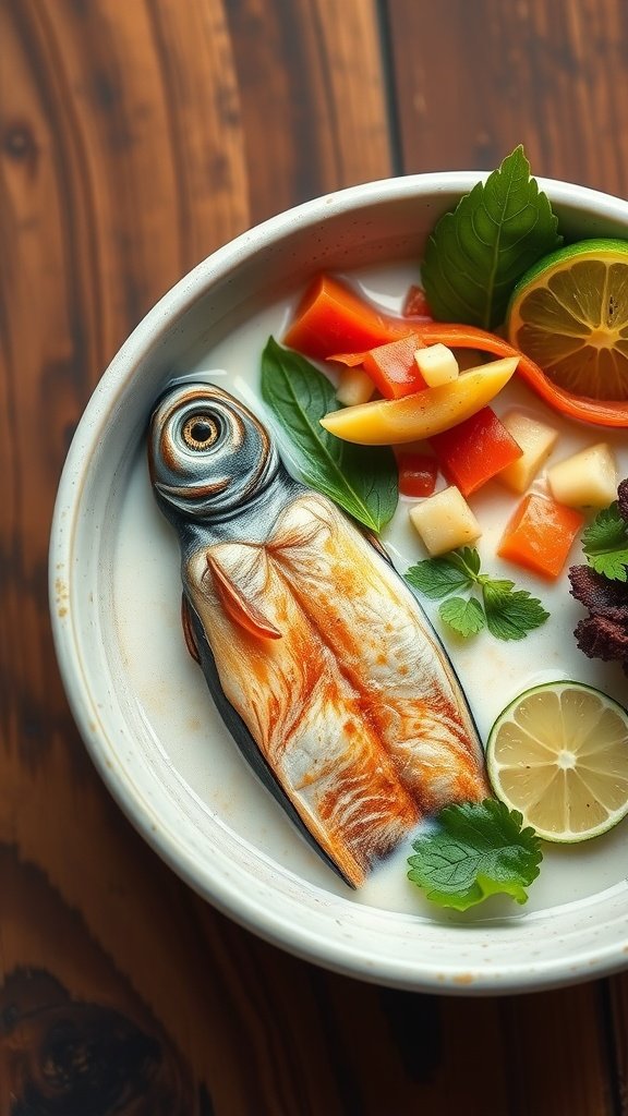 A bowl of Samoan Oka Ika featuring fresh fish, coconut cream, and colorful vegetables, garnished with herbs and lime.