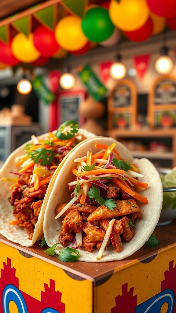 Two BBQ jackfruit tacos on a colorful background with festive decorations.