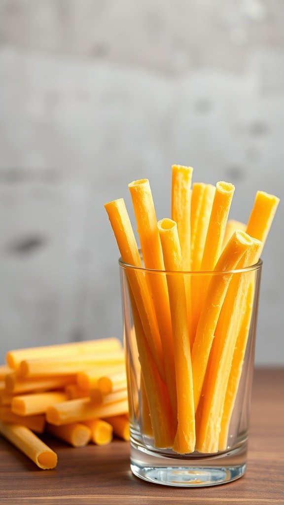 Savory cheese straws in a glass and scattered on a wooden surface.