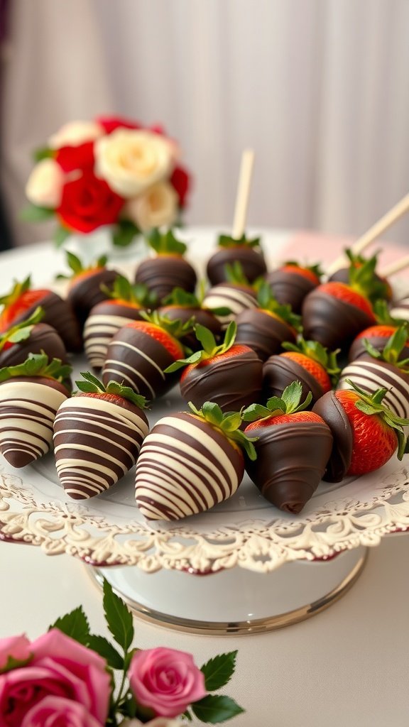 A delicious display of chocolate-dipped strawberries arranged elegantly on a decorative tray.