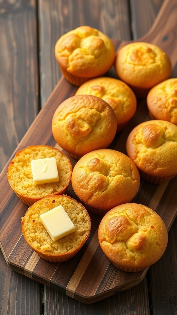 Savory cornbread muffins on a wooden board with butter on top.