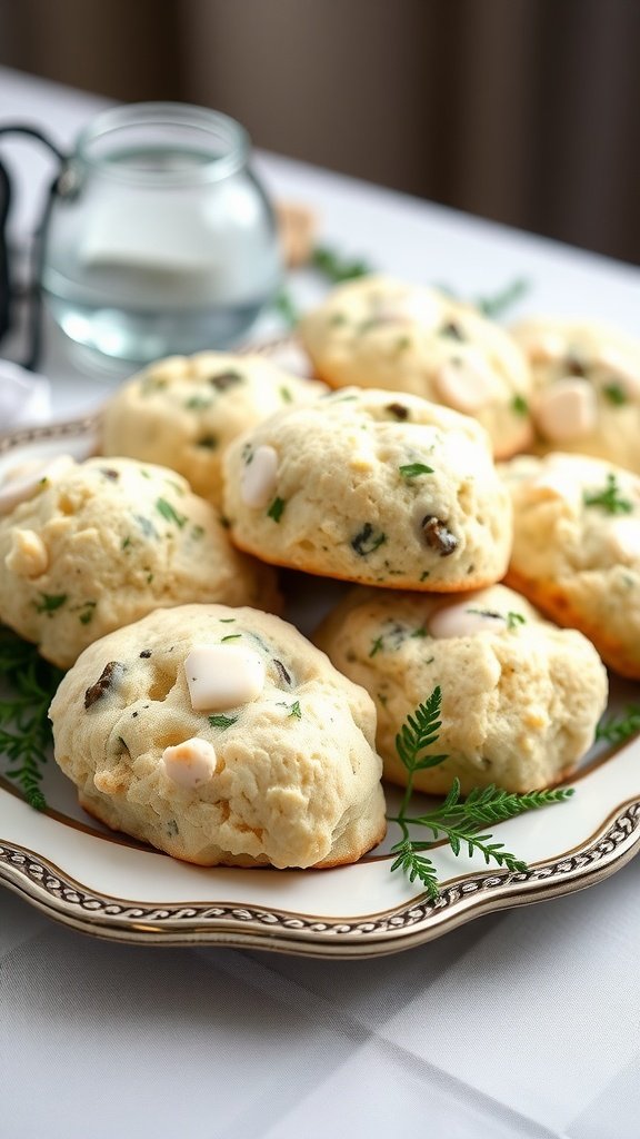 Savory herb and cheese scones on a decorative platter.