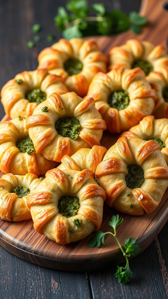 Savory palmiers with pesto arranged on a wooden platter.