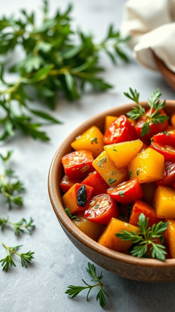 A colorful bowl of Savory Ratatouille featuring diced eggplant, zucchini, bell peppers, and tomatoes garnished with parsley.