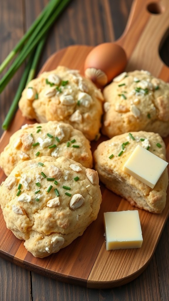 Savory scones with cheese and chives on a wooden board, accompanied by butter and an egg