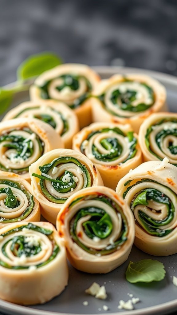 Savory Spinach and Cheese Pinwheels arranged on a plate.