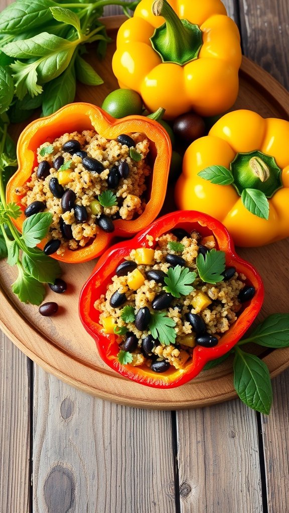 Savory stuffed bell peppers filled with grains and beans, garnished with fresh herbs.
